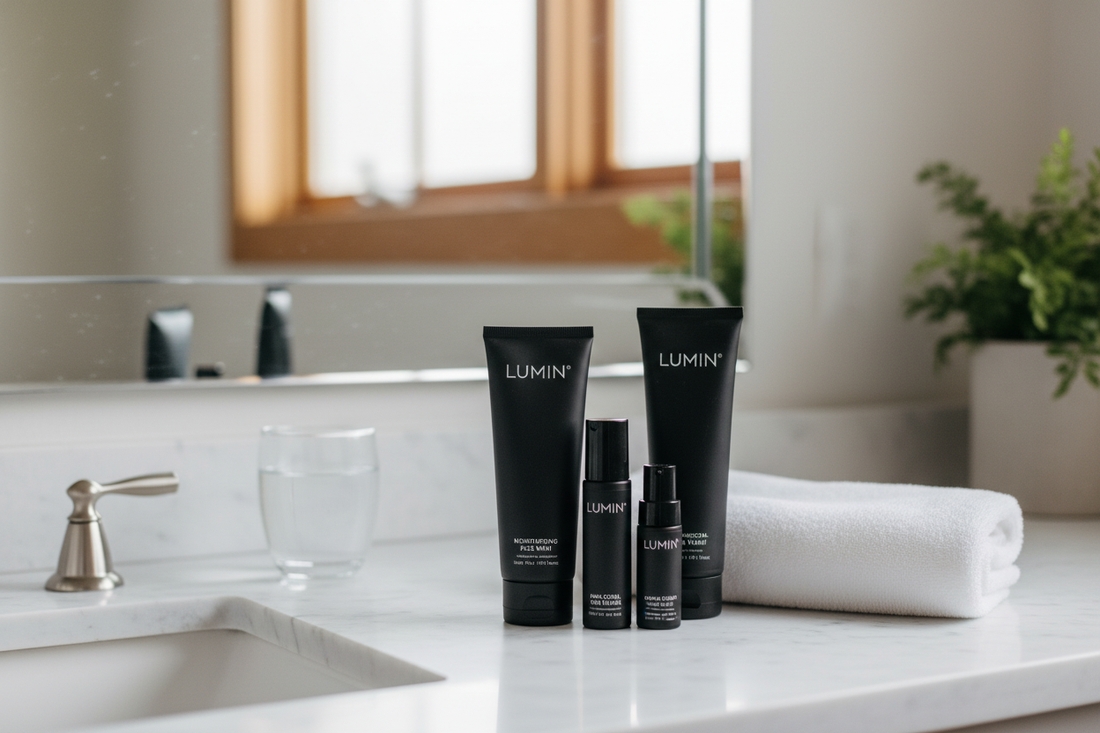 Lumin skin products arranged on a clean bathroom counter for an easy at-home skincare routine