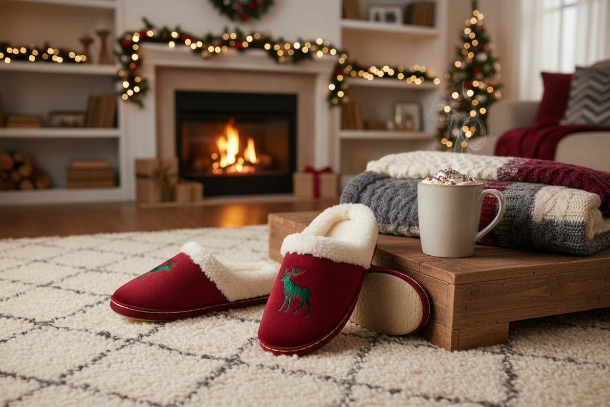 Cozy christmas slippers for home by the fireplace, perfect for thoughtful gifts and self-care moments