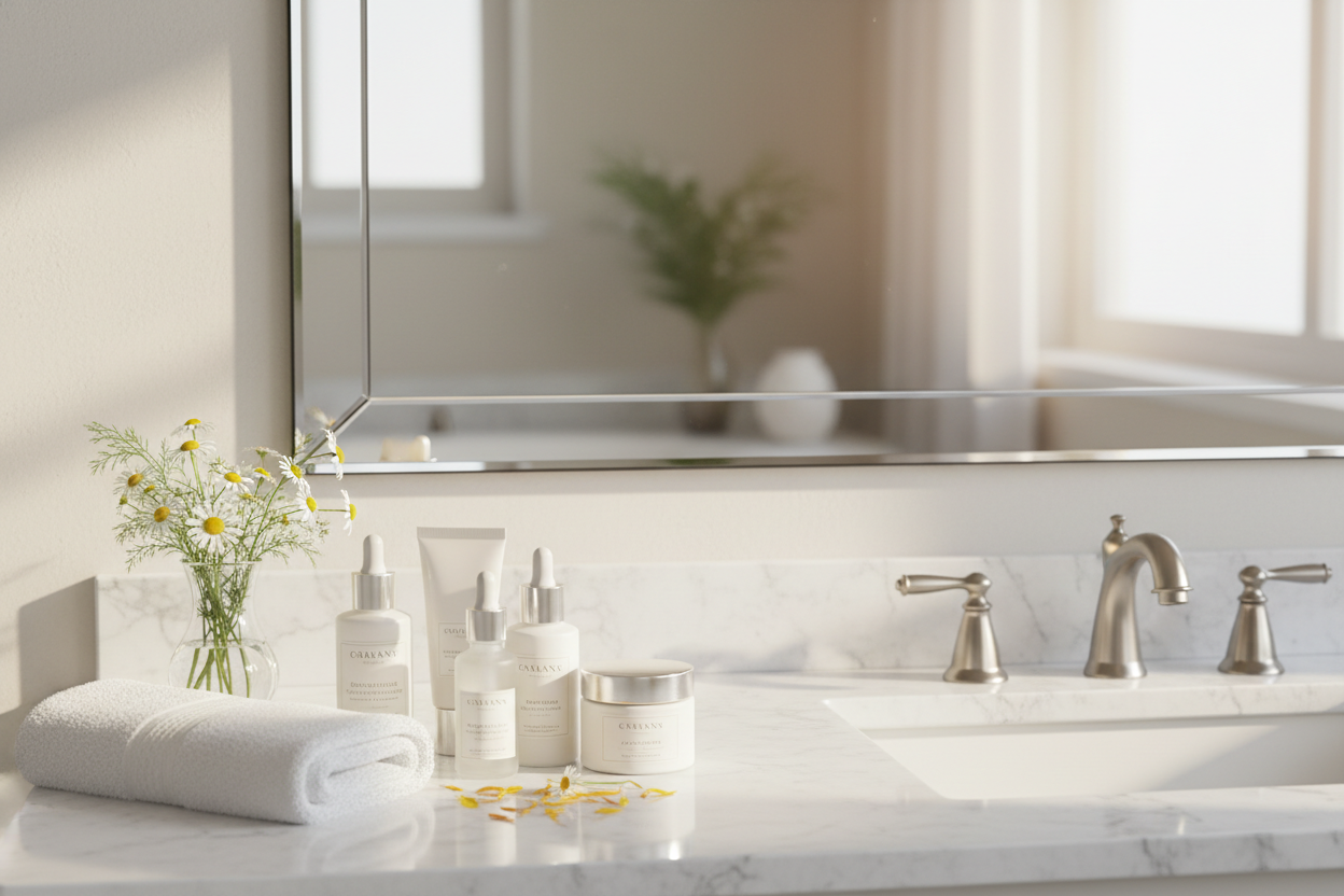 Gentle sensitive skin care products displayed on a clean bathroom counter for a soothing at-home beauty routine