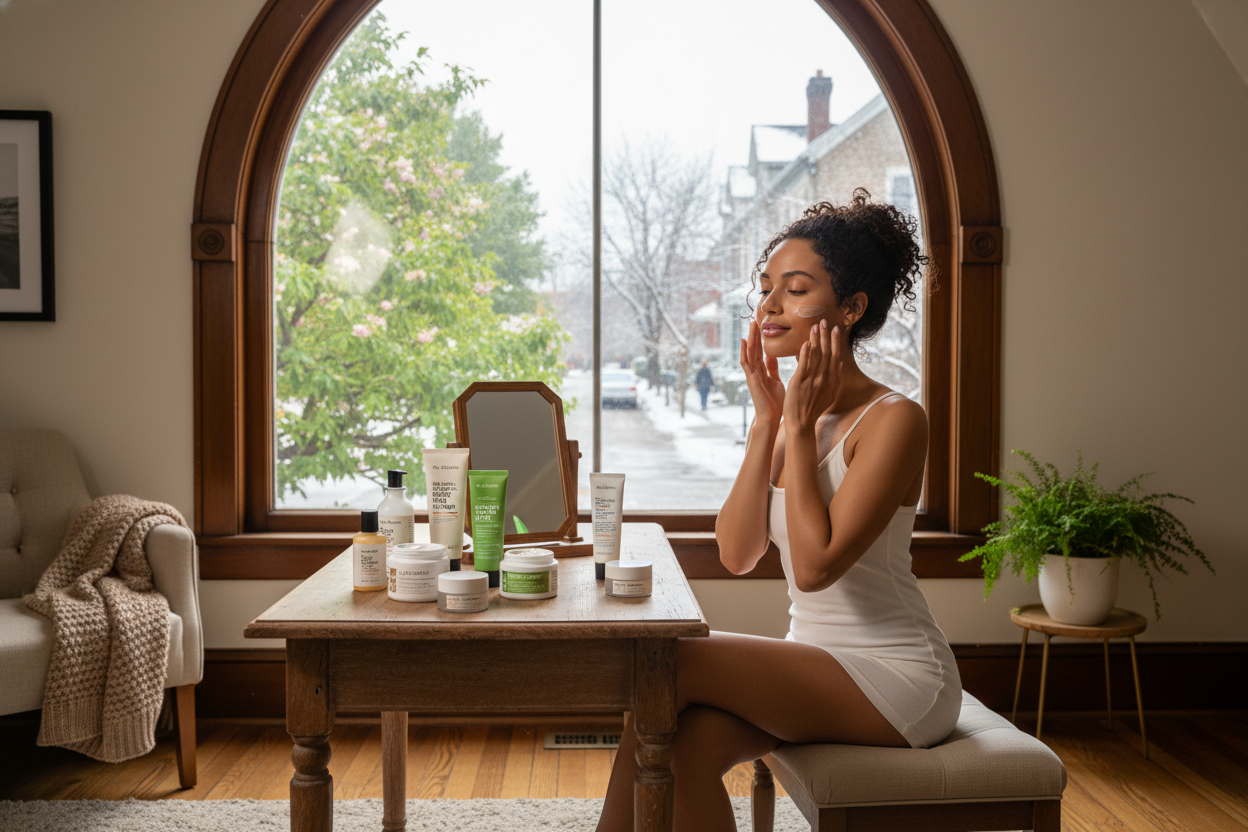 Woman applying skincare suitable for Cincinnati weather, featuring affordable products for glowing, healthy skin at home