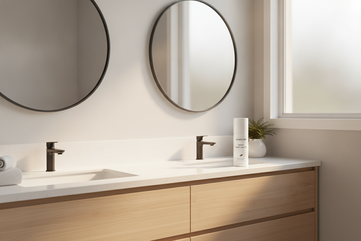 Minimalist bathroom vanity featuring medicube fresh that lasts deodorant australia for easy daily self-care routines