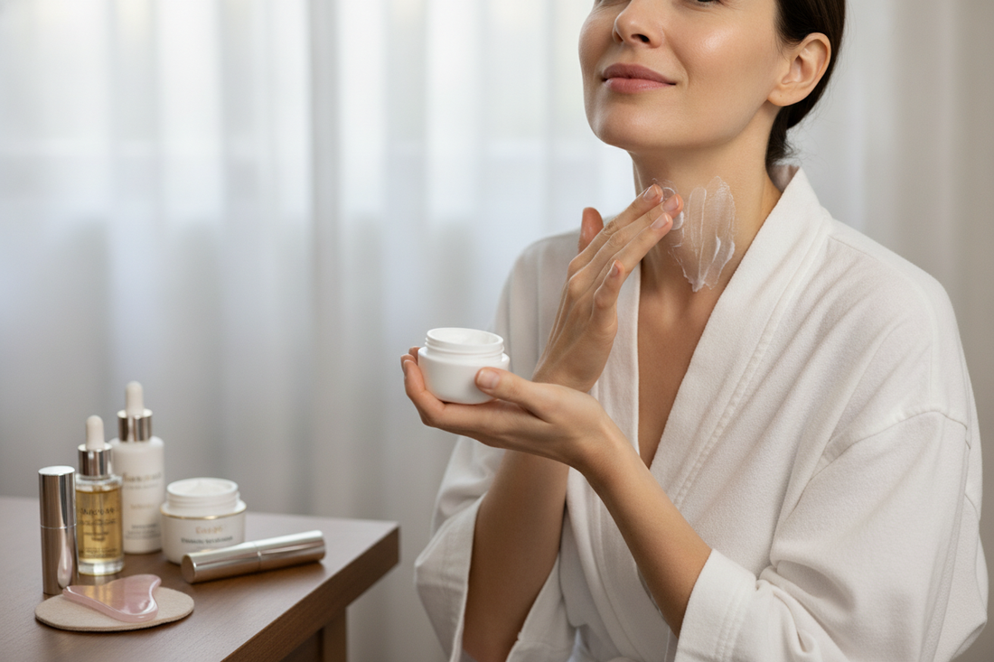 Woman applying cream as part of a neck firming skincare routine for affordable at-home beauty care