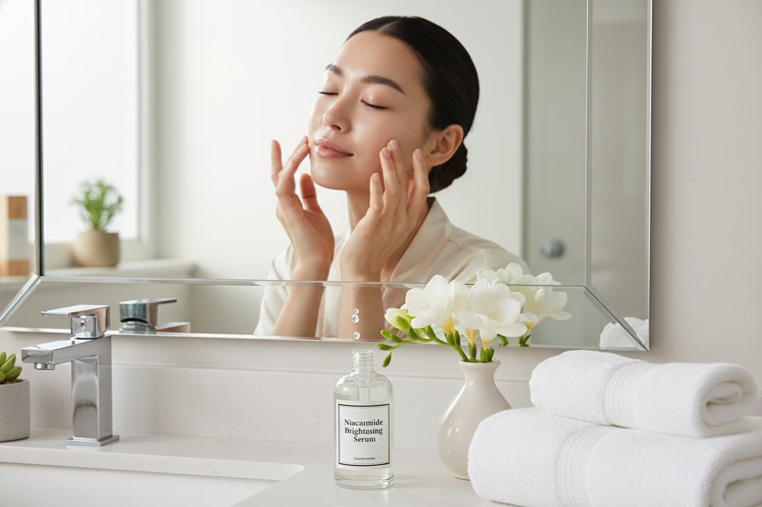 Woman applying niacinamide serum benefits for glowing skin in a calming at-home skincare routine