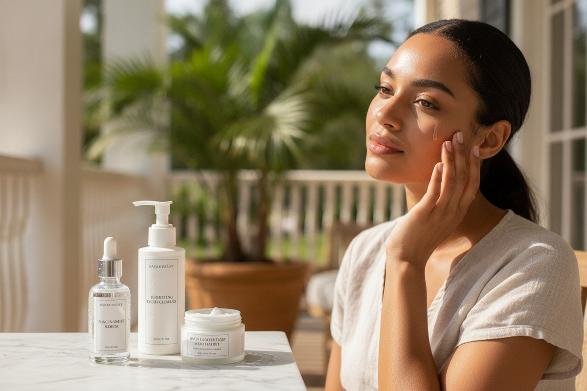 Woman applying niacinamide serums for humid weather breakouts in TX, FL, LA, GA for clear, glowing skin