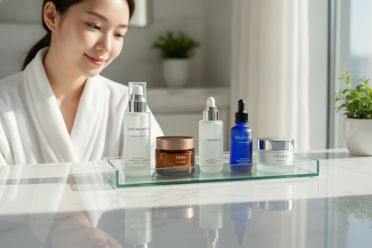 Woman comparing niacinamide vs PDRN vs peptides vs volufiline vs collagen skincare products for beginners