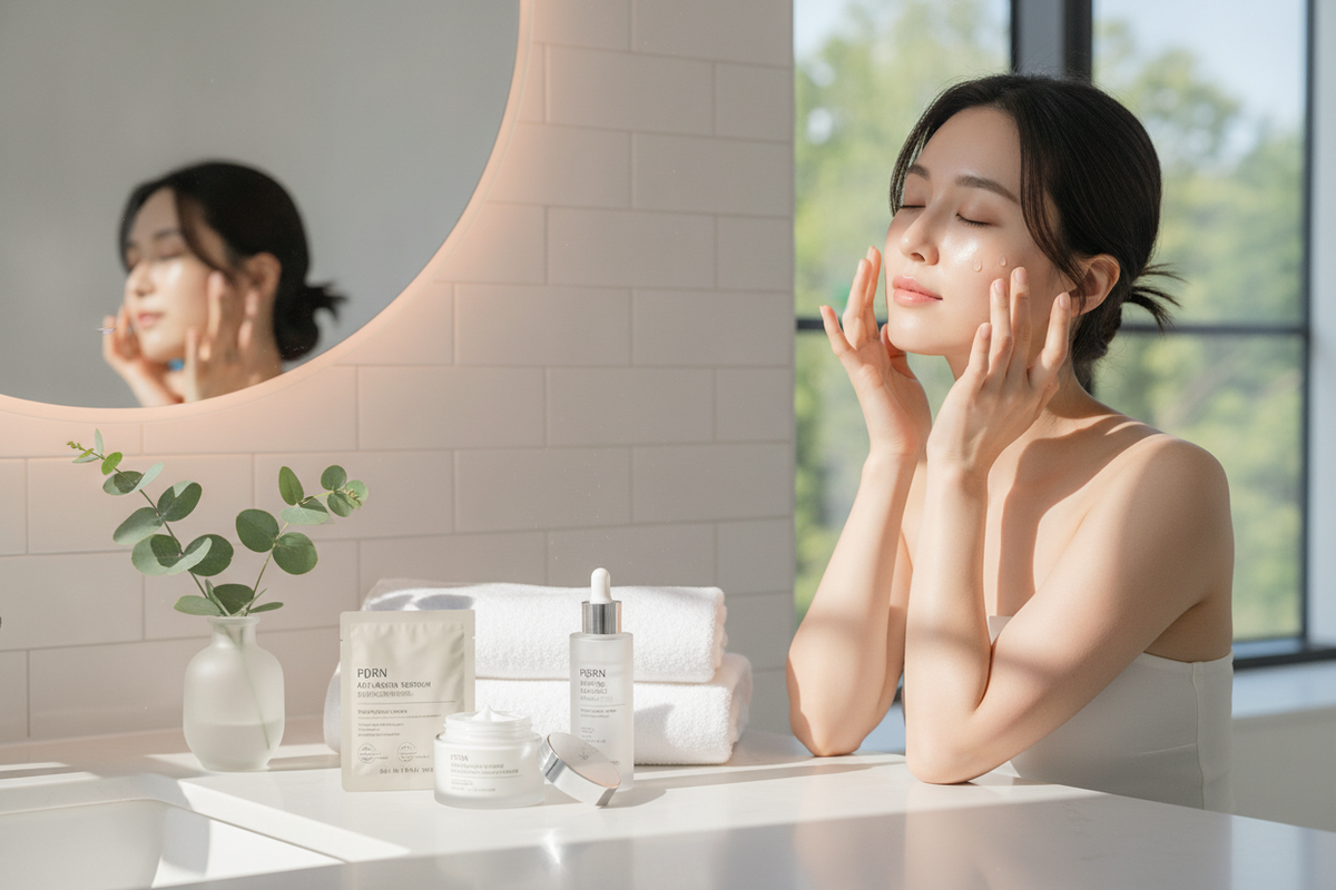 Woman applying PDRN anti-aging skincare routine for glowing, youthful skin at home
