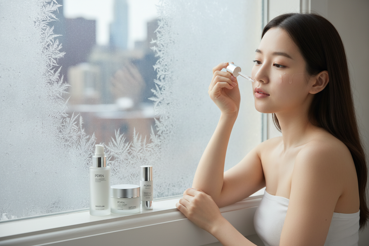 Woman applying PDRN healing treatments for cracked winter skin, perfect for NY, IL, MI, MN self-care routines