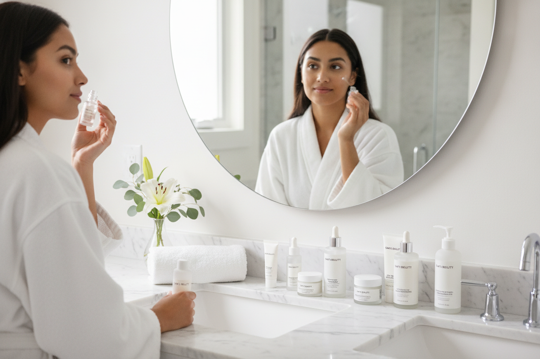Woman applying sams beauty skincare products in a bright bathroom for an affordable self-care routine
