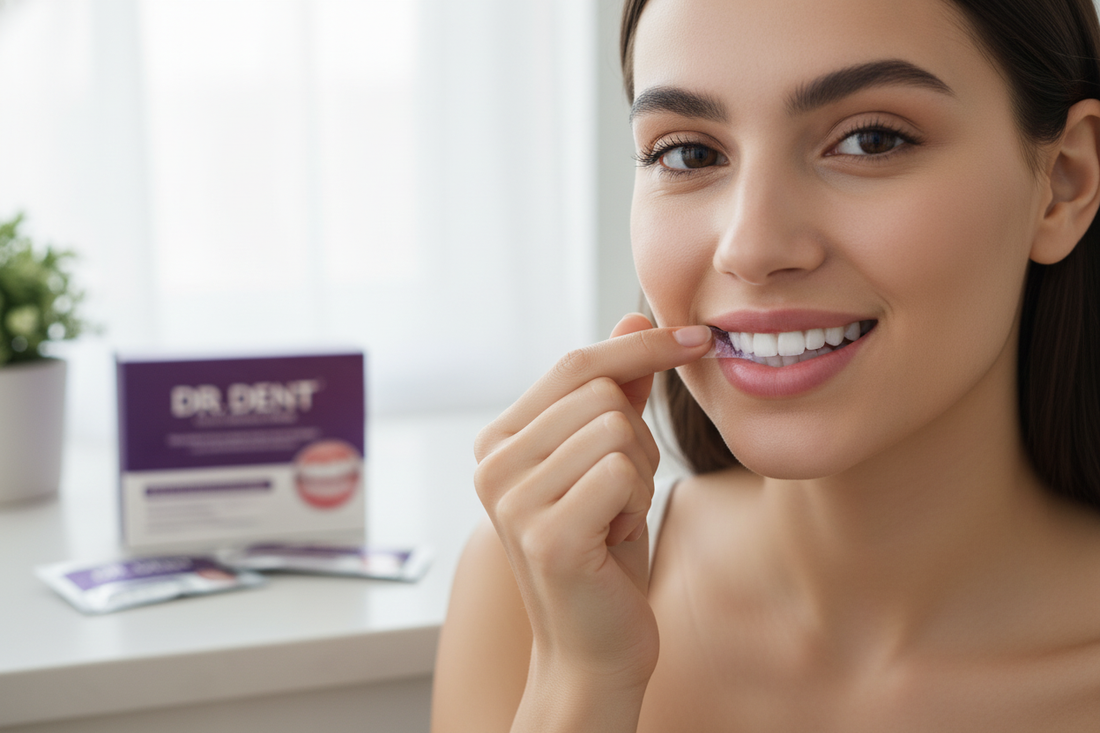Smiling woman using sensitive trending purple teeth whitening strips for an easy at-home beauty routine