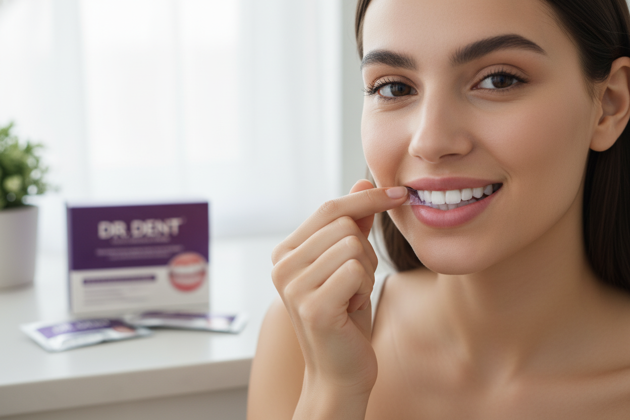 Smiling woman using sensitive trending purple teeth whitening strips for an easy at-home beauty routine