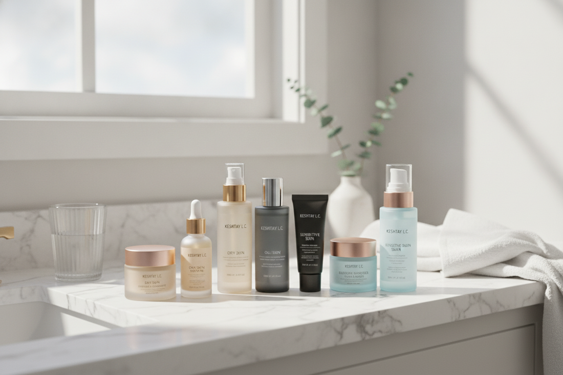 Skincare bundles and sets that contain all essentials affordably displayed on a bright bathroom counter