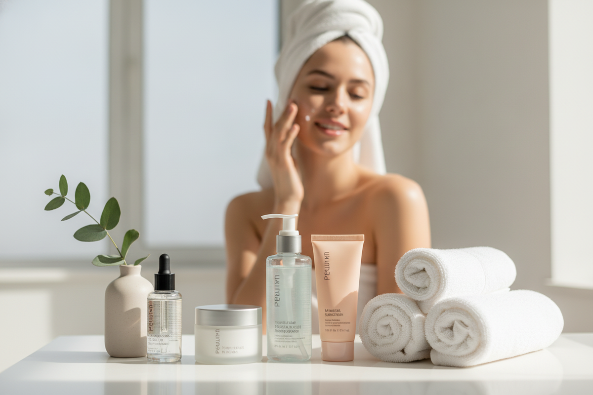 Woman enjoying skincare routine with beauty products and towels, not how to cook pasta tips