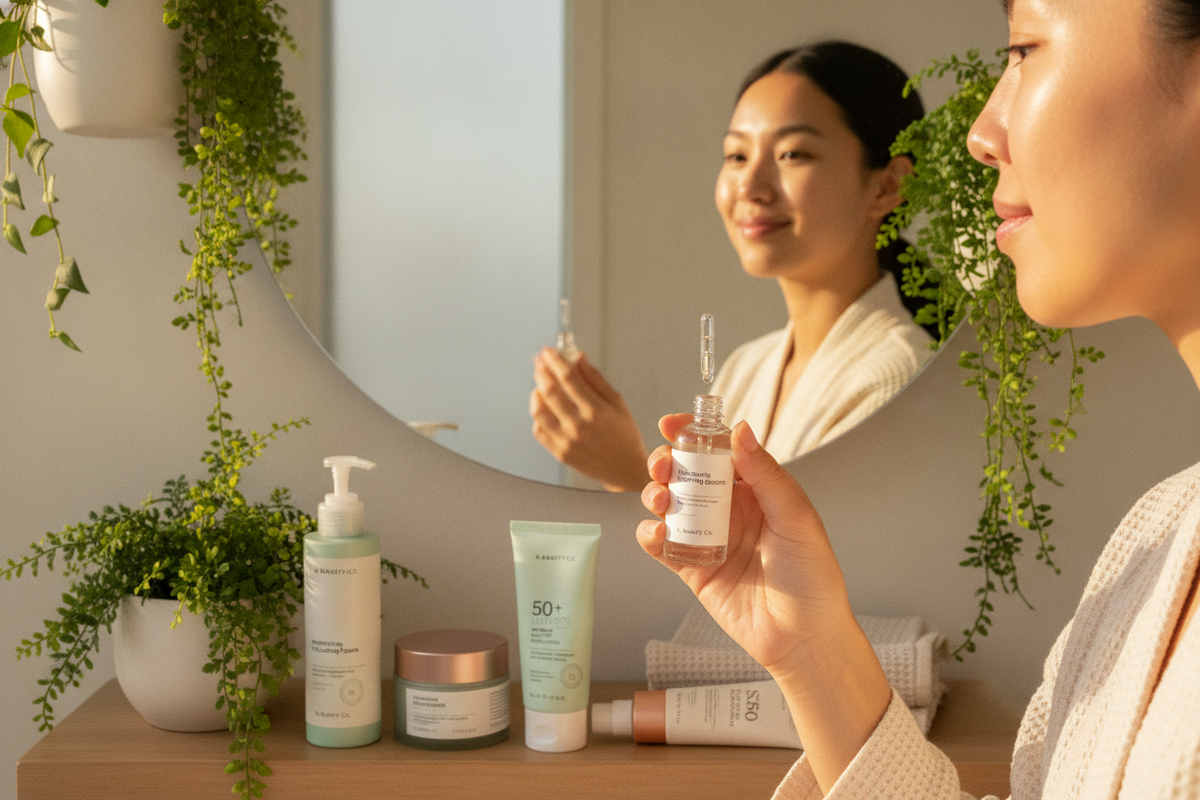 Woman applying serum as part of sun damage repair K-beauty routines for glowing, healthy skin at home