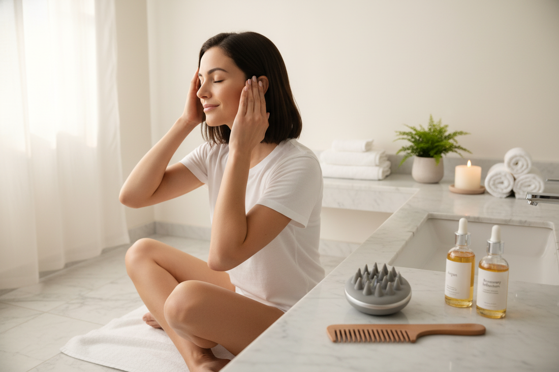 Woman practicing best scalp massage techniques at home with oils and tools for a relaxing self-care routine