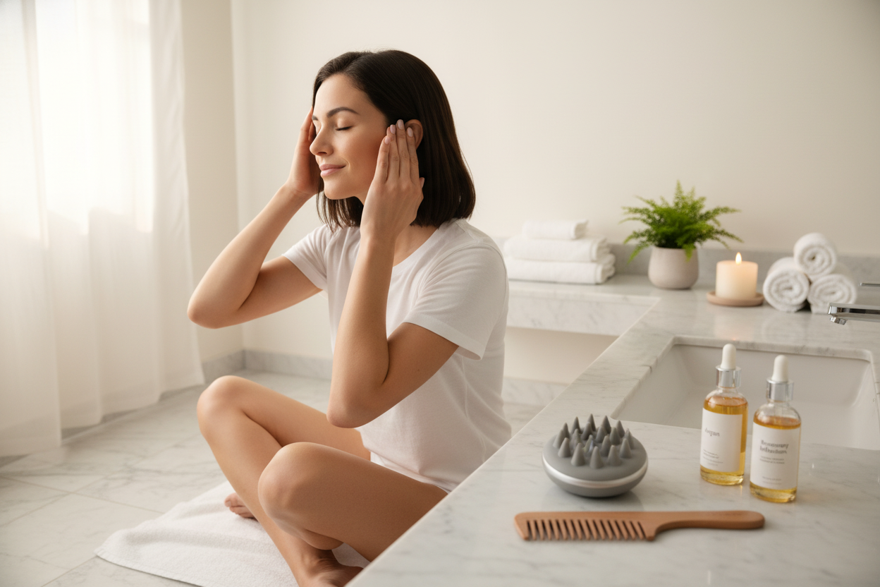 Woman practicing best scalp massage techniques at home with oils and tools for a relaxing self-care routine