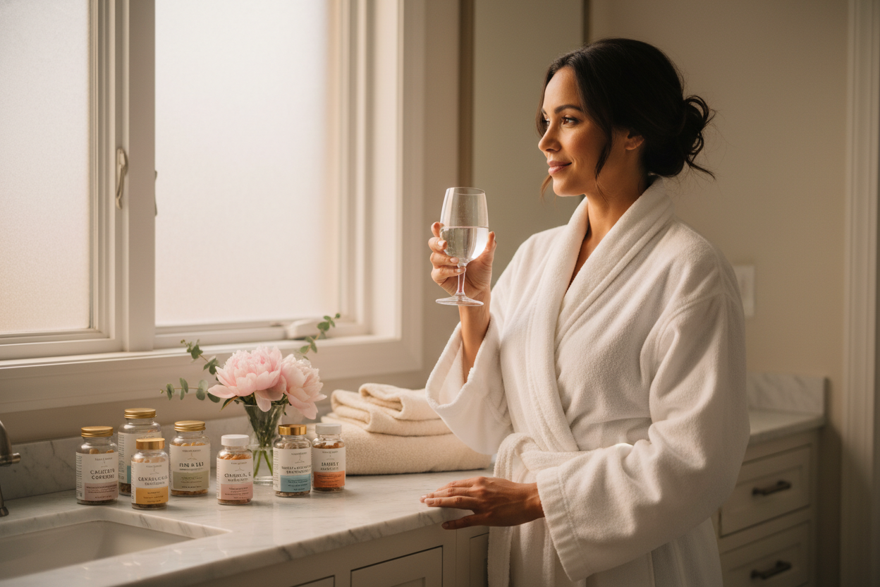 Woman in a cozy bathroom enjoying women's health supplements for a relaxing self-care beauty routine