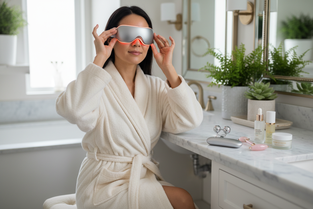 Woman in a robe using at-home eye wrinkle treatments with affordable skincare tools on the vanity