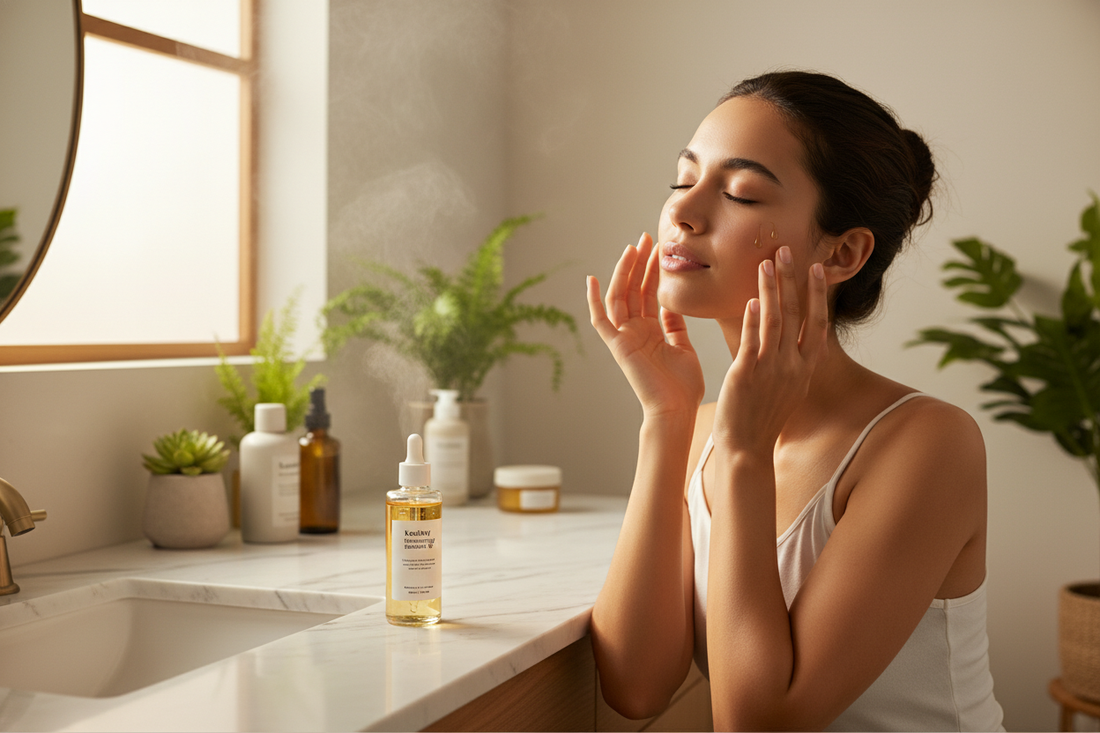 Woman applying trstay moisturizing essential oil for radiant, hydrated skin in a calming home skincare routine