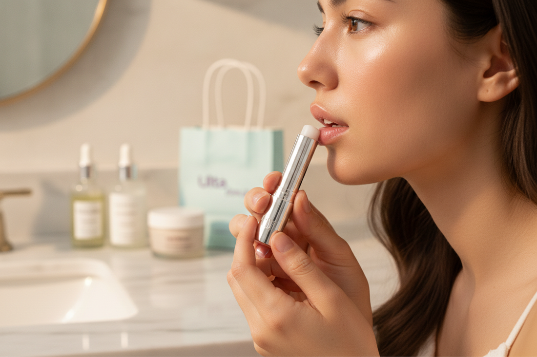 Woman applying ultabeauty beauty supply stores lip balm for dry lips in a bright bathroom setting