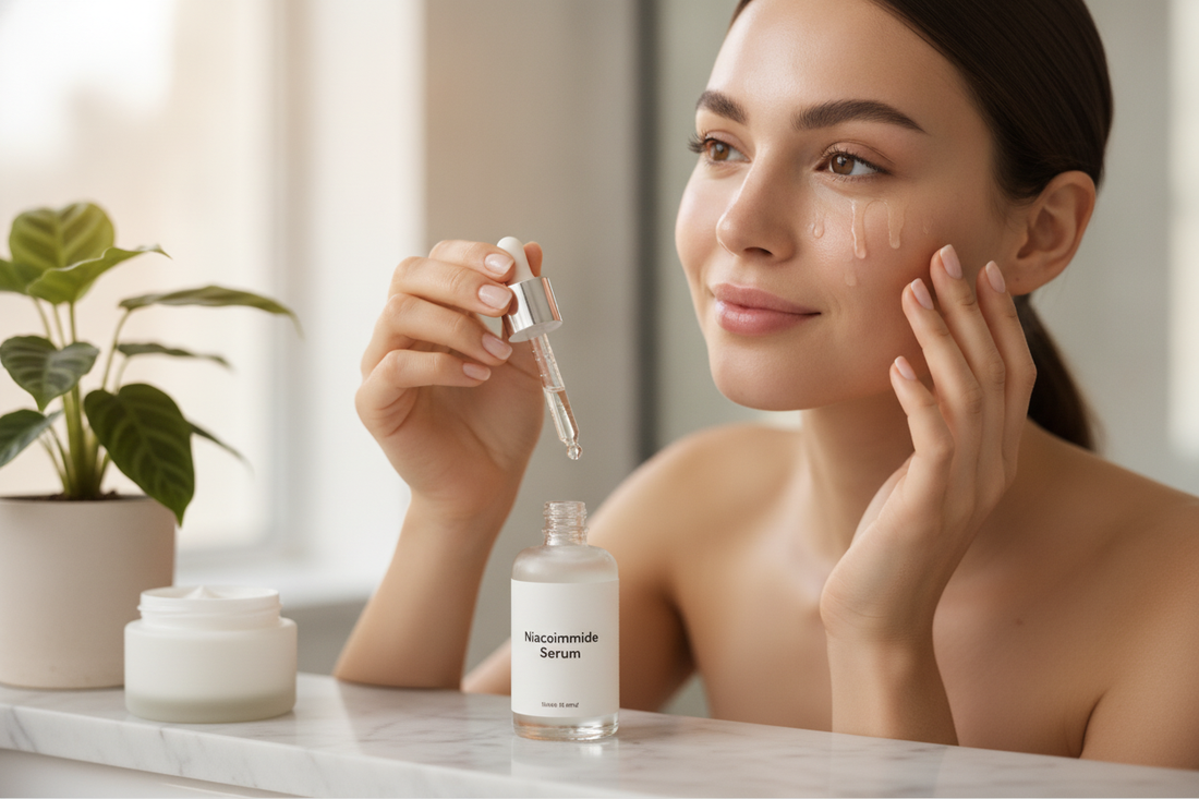 Woman applying niacinamide serum to her face, showing what niacinamide does for skin in daily routine