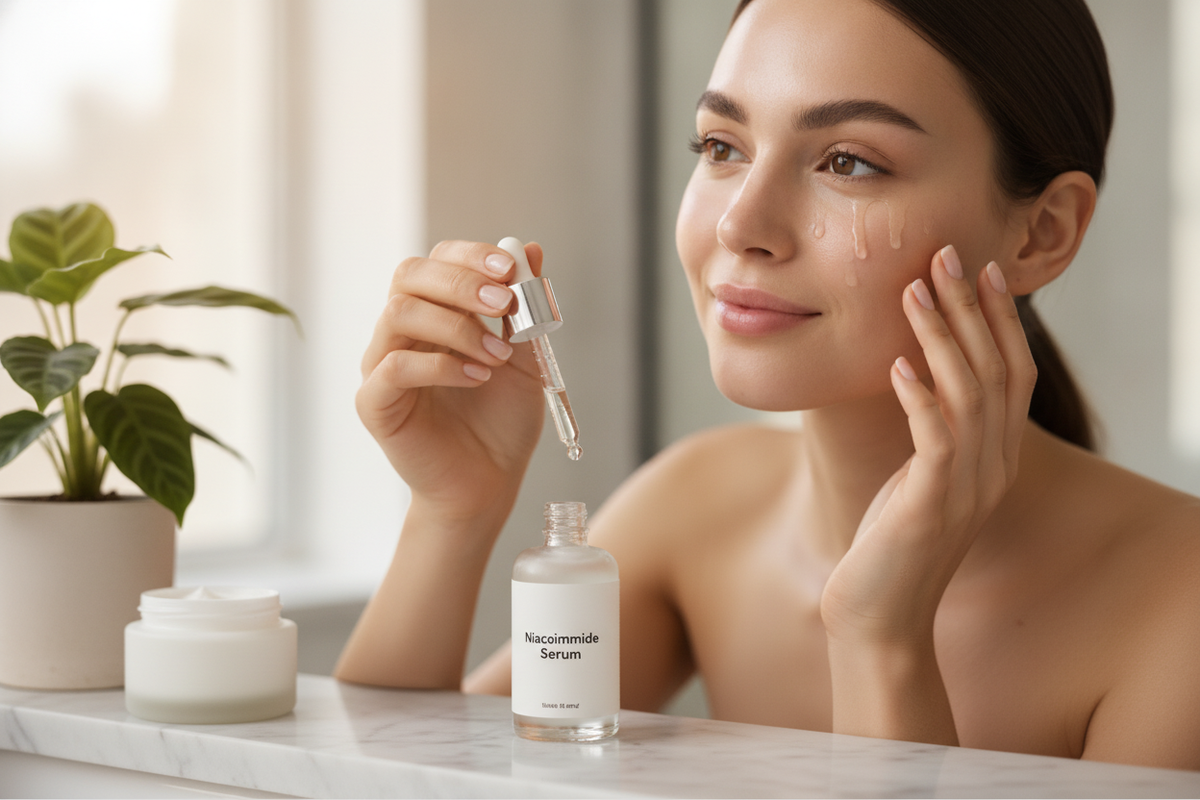 Woman applying niacinamide serum to her face, showing what niacinamide does for skin in daily routine