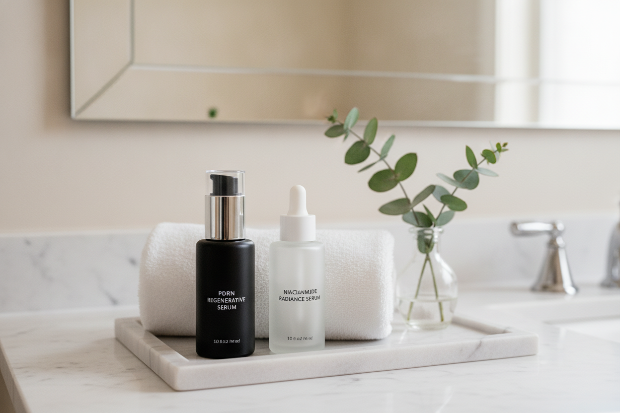 What is PDRN and niacinamide explained with skincare serums on a clean bathroom counter for daily beauty routines
