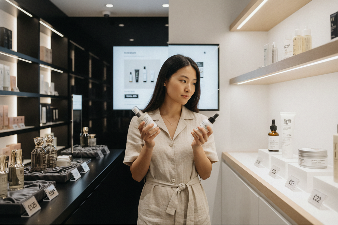 Affordable beauty shopper comparing products to understand why some skin care stores are cheaper than others