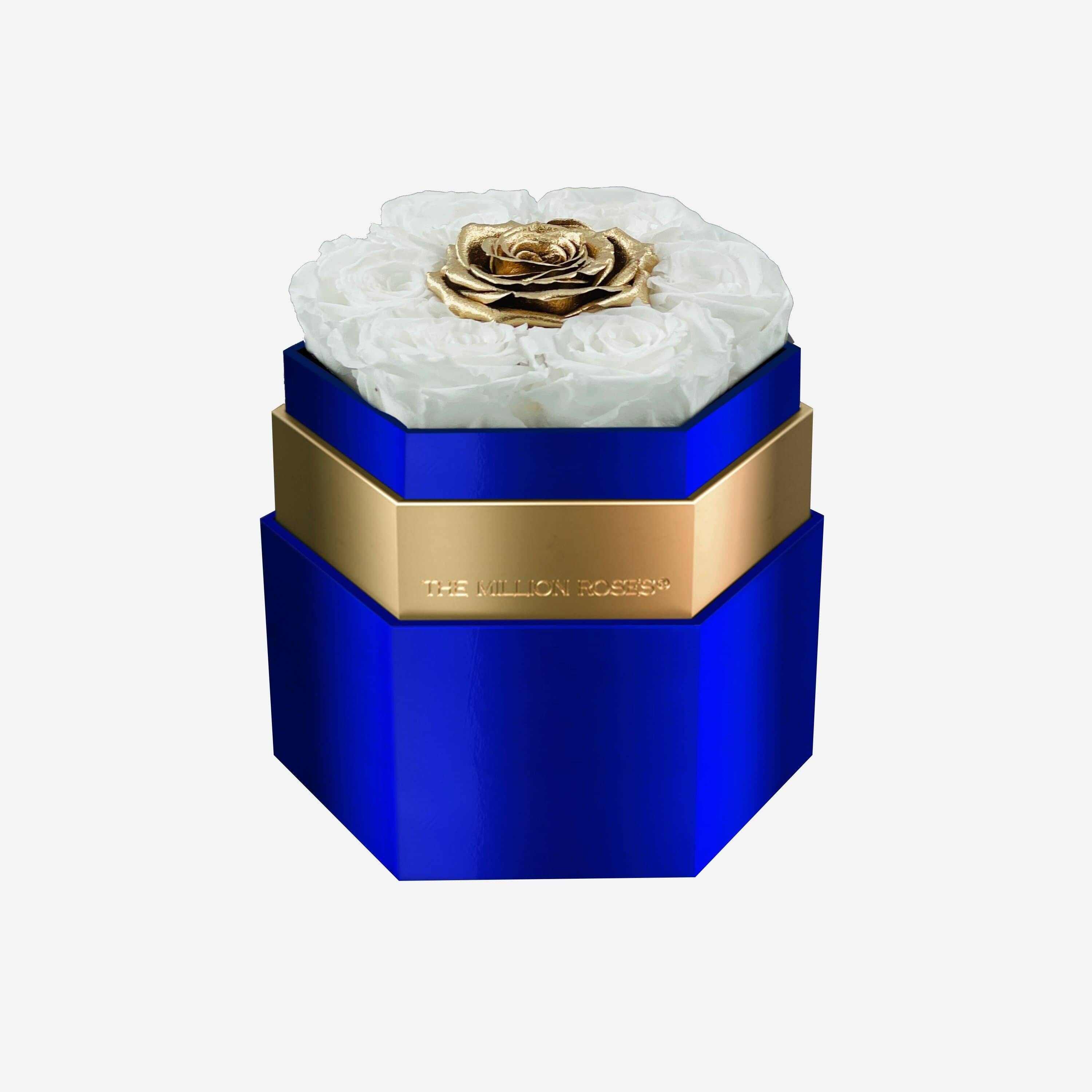 One in a Million™ Mirror Blue Hexagon Box | White & Gold Roses