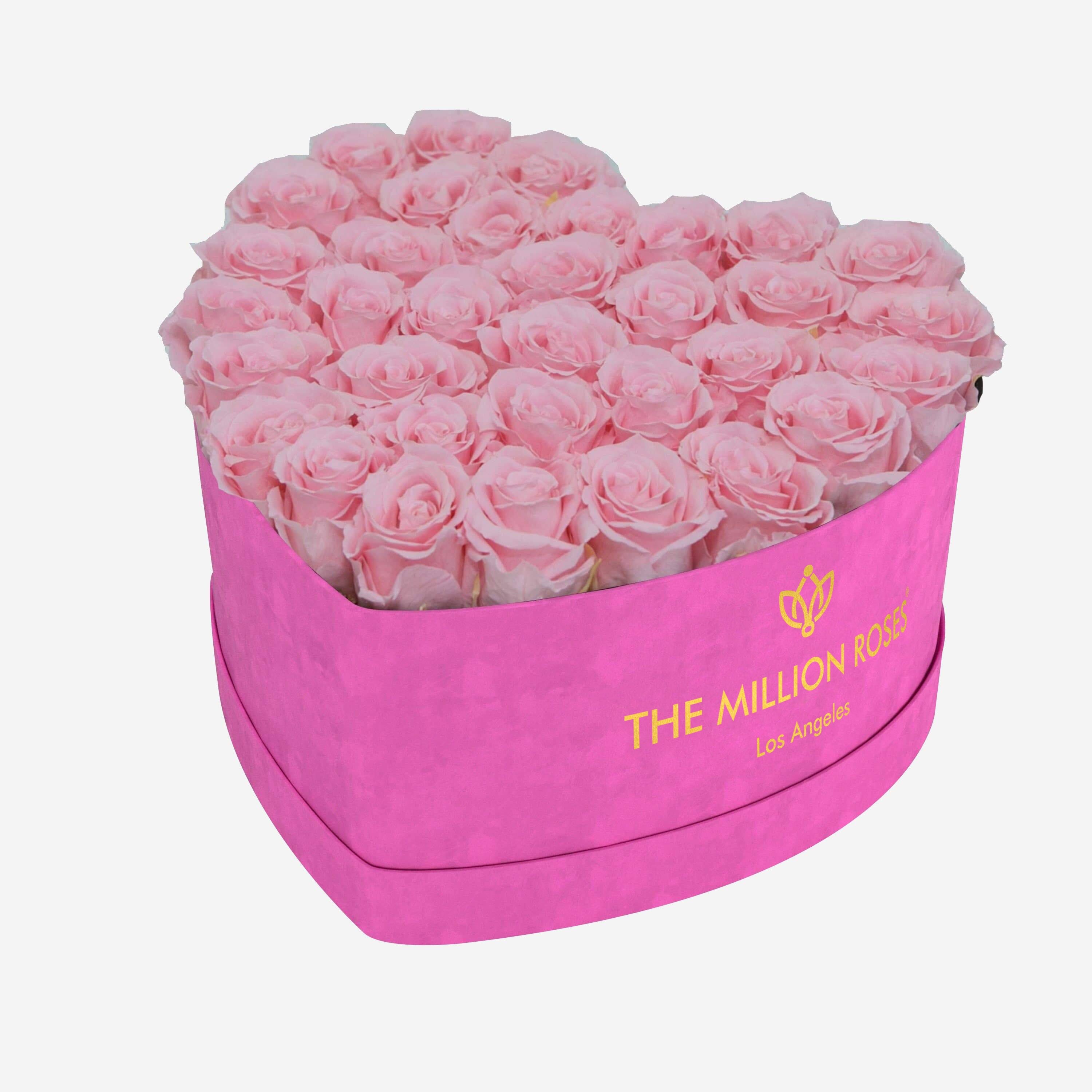 Heart Hot Pink Suede Box | Light Pink Roses
