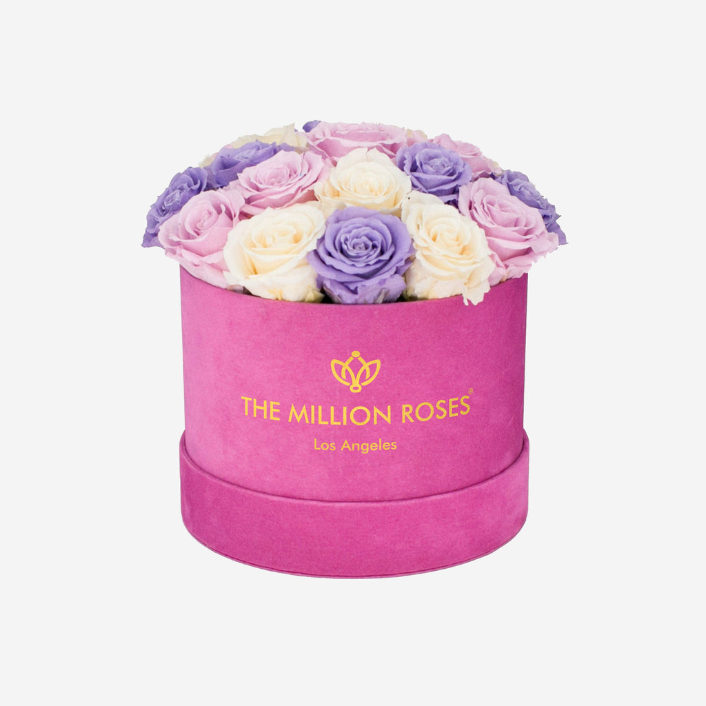 Classic Hot Pink Suede Dome Box | Lavender & Ivory & Pink Roses
