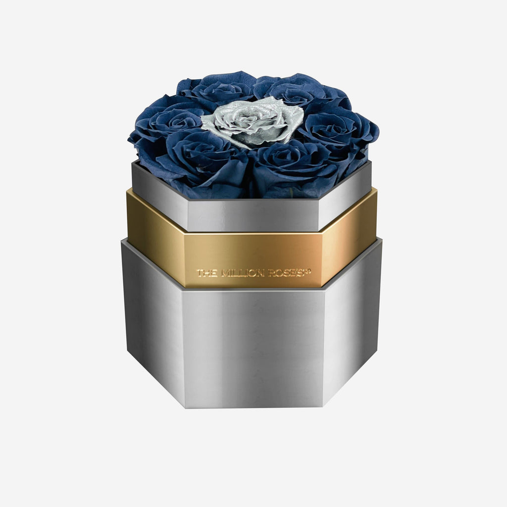 One in a Million™ Mirror Silver Hexagon Box | Smoky Blue & Silver Roses