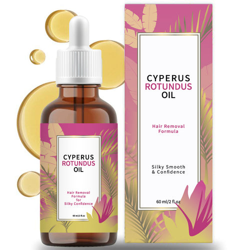 Cyperus Rotundus oil bottle and packaging with tropical leaf design on a white background