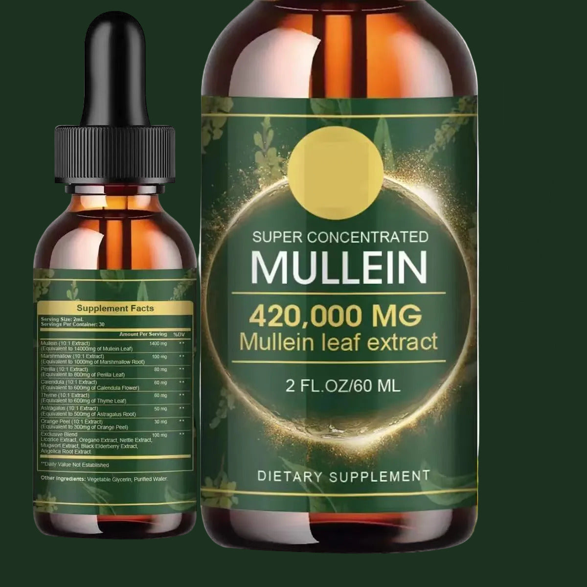 Super concentrated mullein extract bottle with dropper and label details on a white background