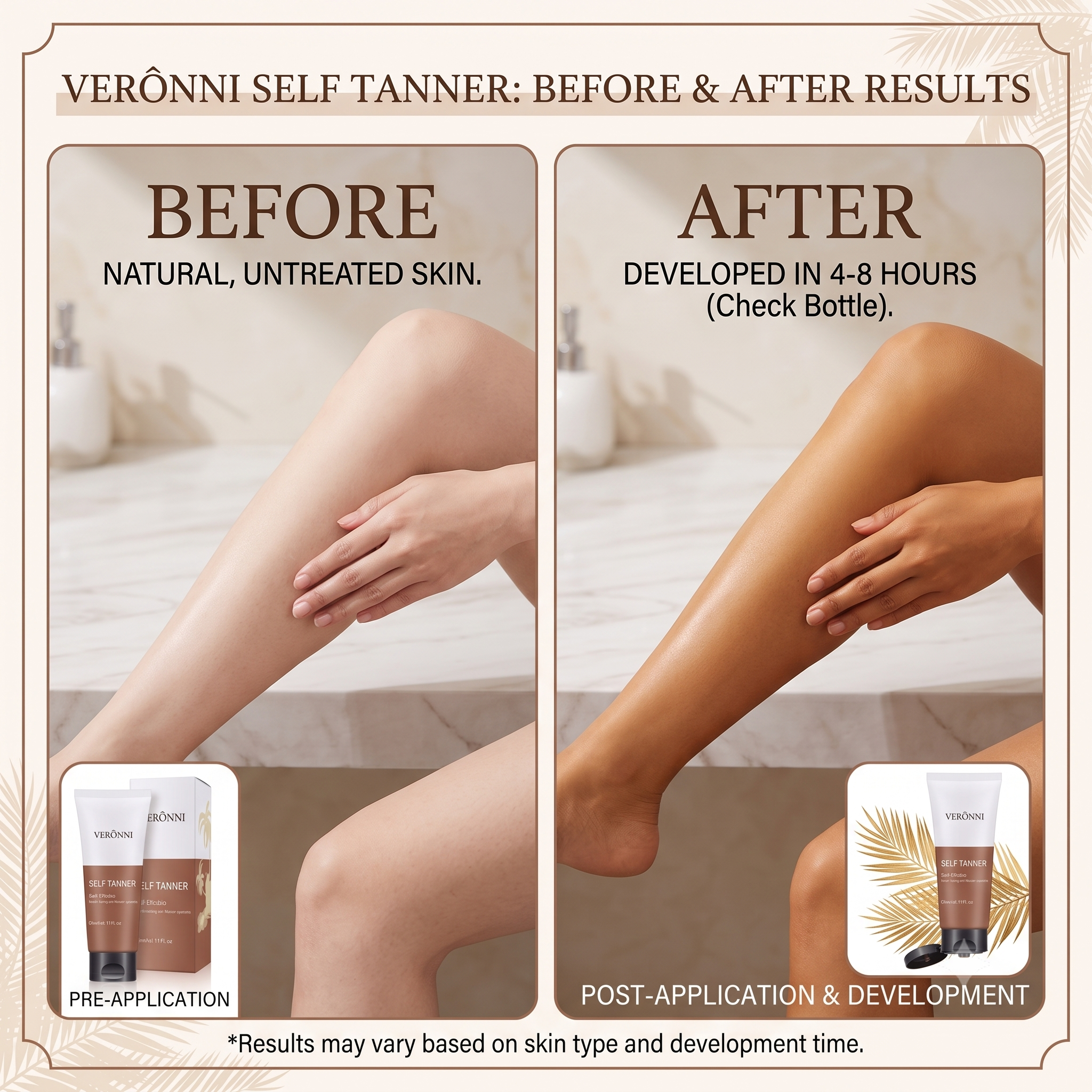 Before and after results comparison for Verrôni self tanner, showing a woman's legs with natural skin on the left and tan skin on the right, with product tubes shown in the lower corners of each panel.