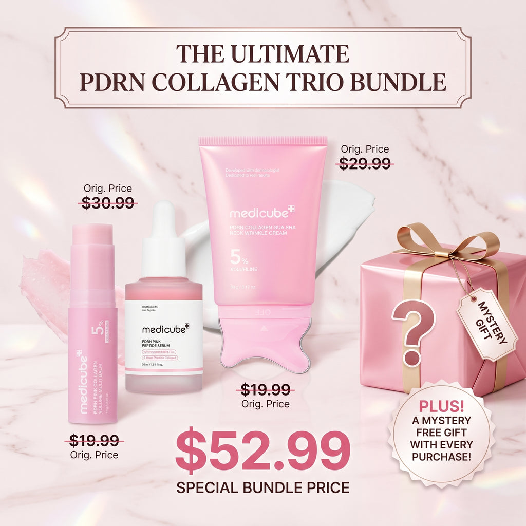 Promotional graphic for the 'The Ultimate PDRN Collagen Trio Bundle' featuring three pink MediCube skincare products: a serum bottle, a serum jar, and a collagen cream tube, alongside a pink mystery gift box. The products are displayed on a light pink marble background with text showing original prices and the special bundle price of $52.99.