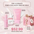 Promotional graphic for the 'The Ultimate PDRN Collagen Trio Bundle' featuring three pink MediCube skincare products: a serum bottle, a serum jar, and a collagen cream tube, alongside a pink mystery gift box. The products are displayed on a light pink marble background with text showing original prices and the special bundle price of $52.99.