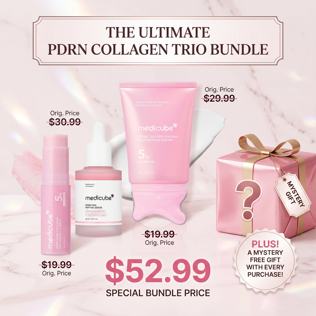 Promotional graphic for the 'The Ultimate PDRN Collagen Trio Bundle' featuring three pink MediCube skincare products: a serum bottle, a serum jar, and a collagen cream tube, alongside a pink mystery gift box. The products are displayed on a light pink marble background with text showing original prices and the special bundle price of $52.99.