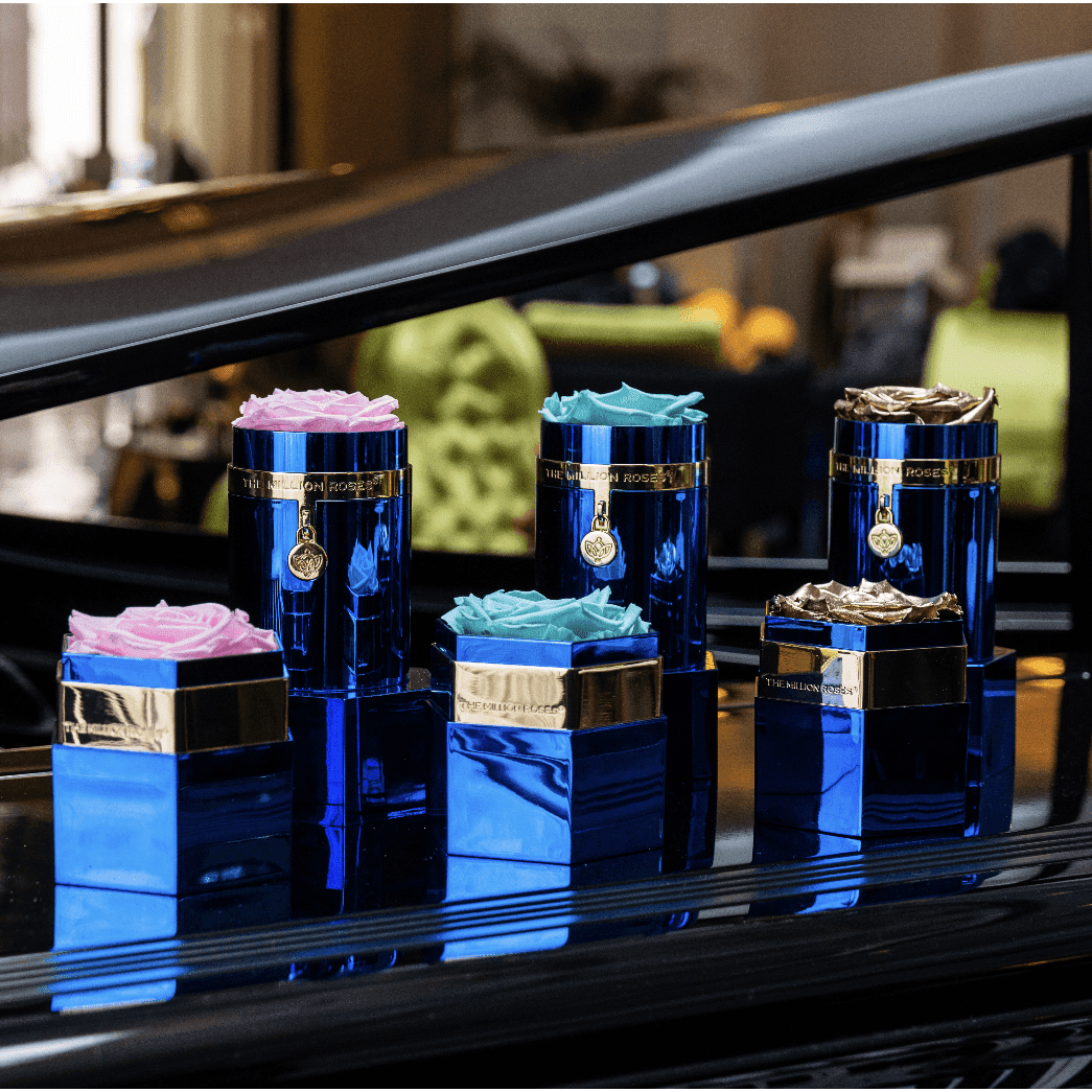 One in a Million™ Mirror Blue Hexagon Box | Peach & Gold Roses