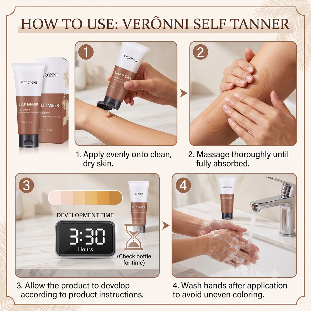 Instructional graphic for Verønni Self Tanner showing four steps: applying the cream to a hand, massaging it in, waiting for development time, and washing hands after use. The image includes product packaging and a small color-development timer.