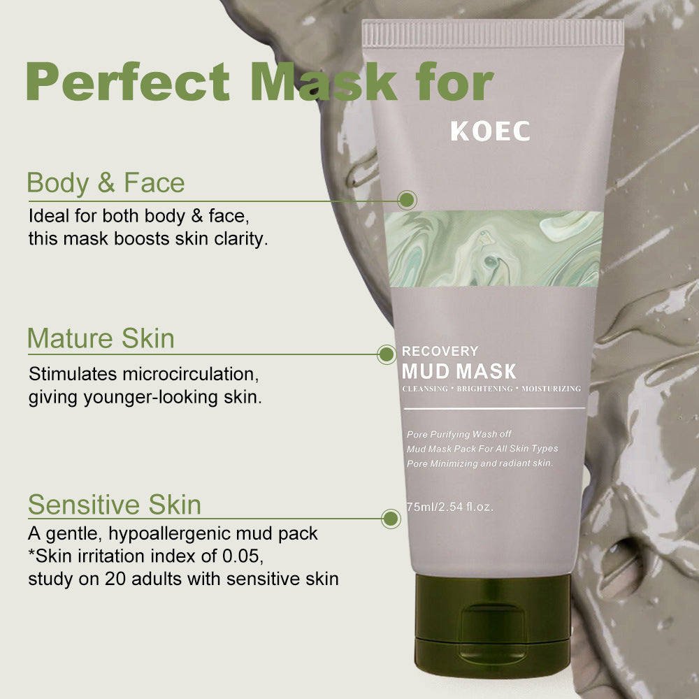 KOEC Recovery Mud Mask tube with product description on a light gray background