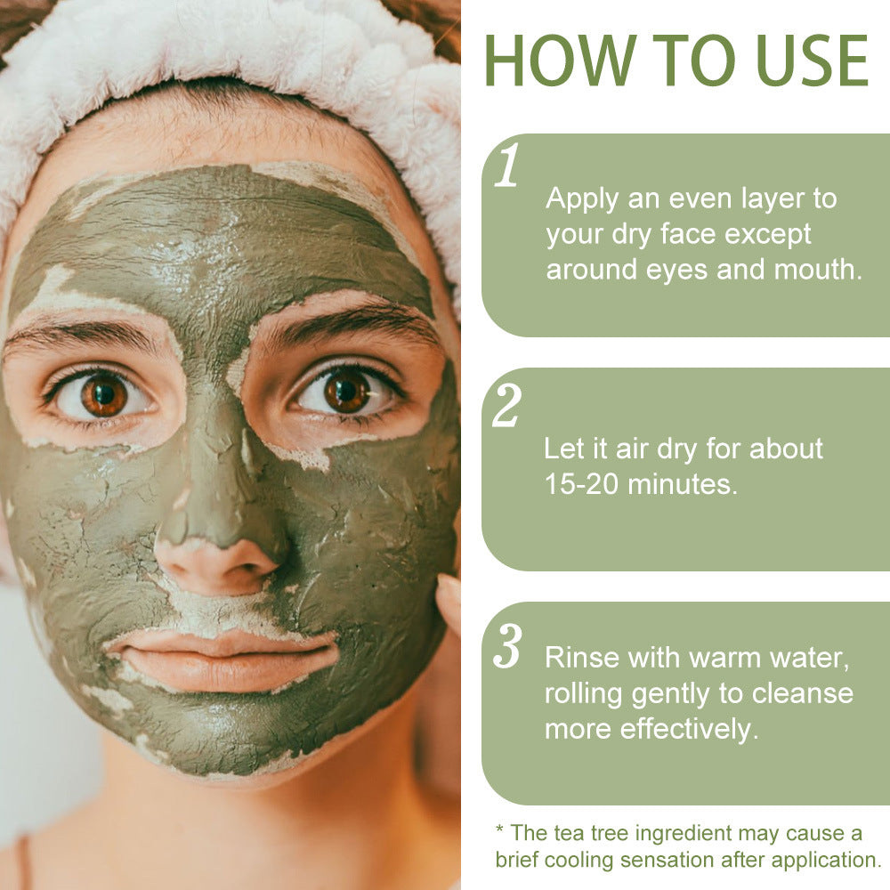 Person applying a green face mask with usage instructions on the right side. (how to use)