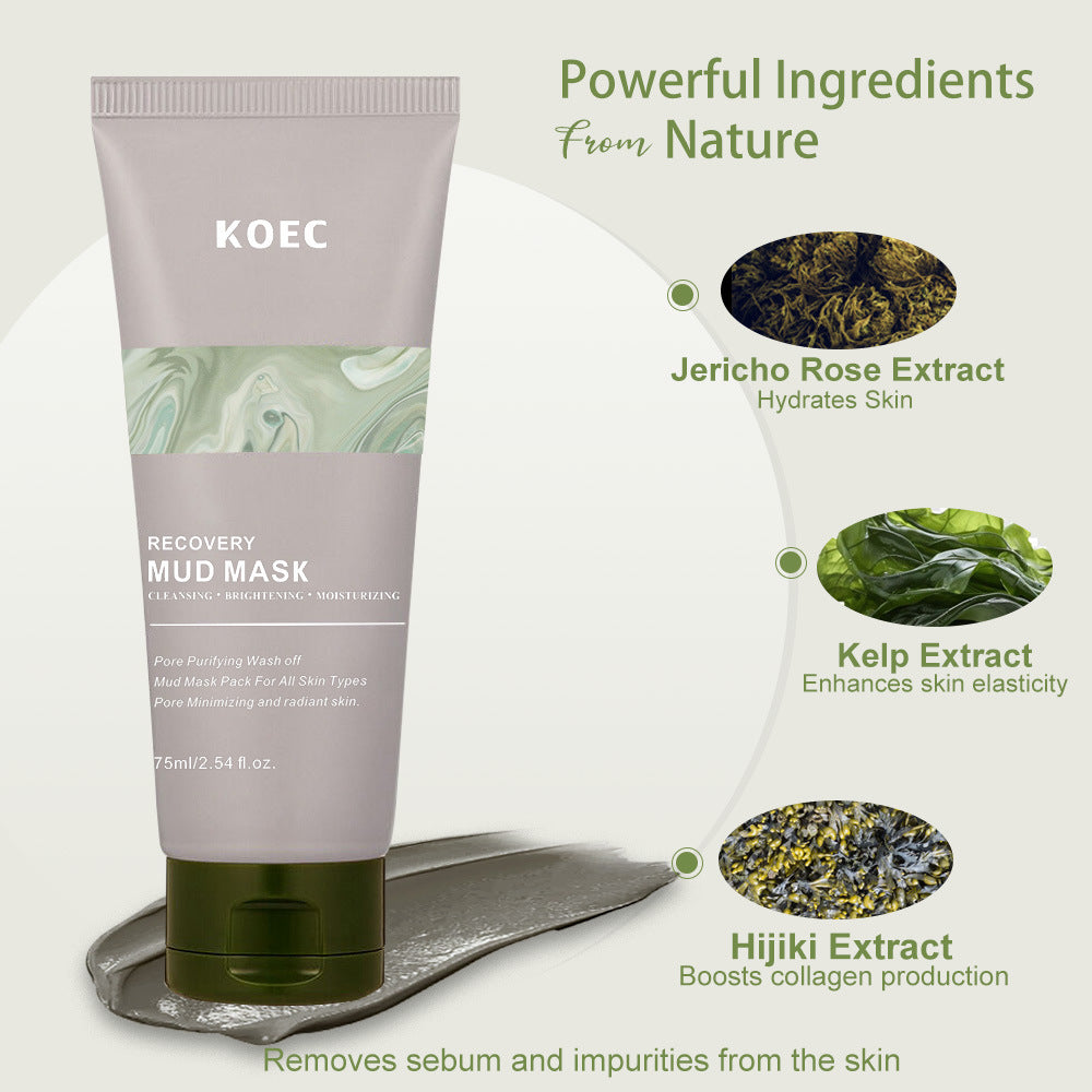 KOEC Recovery Mud Mask with natural extract illustrations on a light gray background
