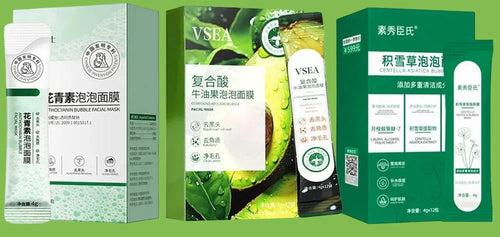 Collage of VSEA skincare products including boxes, packaging, and a hand applying product.