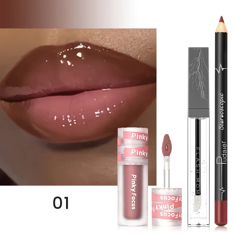 3 Pcs/Set Lip Makeup Set Lipliner Lip Oil Lipstick Moisturizing, Long-lasting Waterproof Lipstick Long-lasting Lip Combo