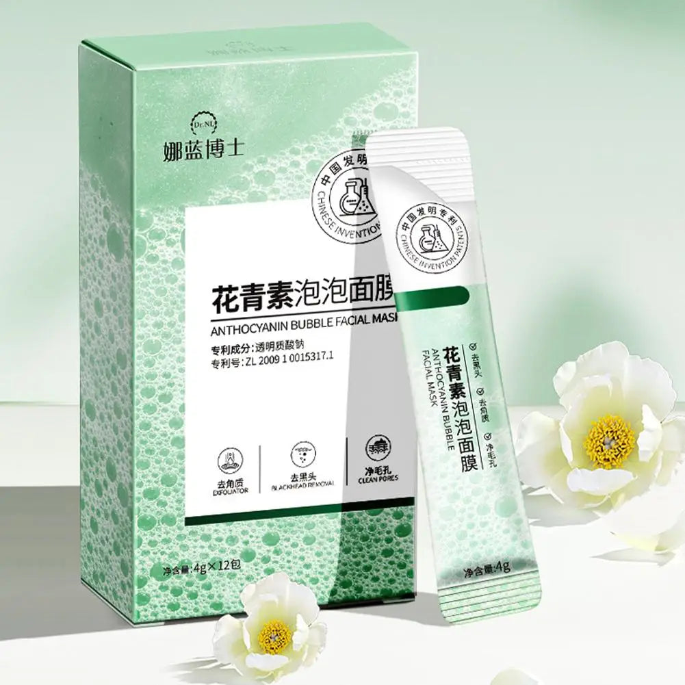 Packaging of an anthocyanin bubble facial mask with a green box and white tube, featuring flowers on a light background.