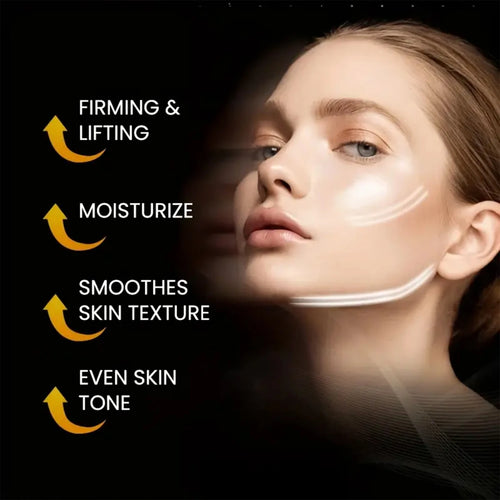 Woman's face with skincare benefits listed on a black background