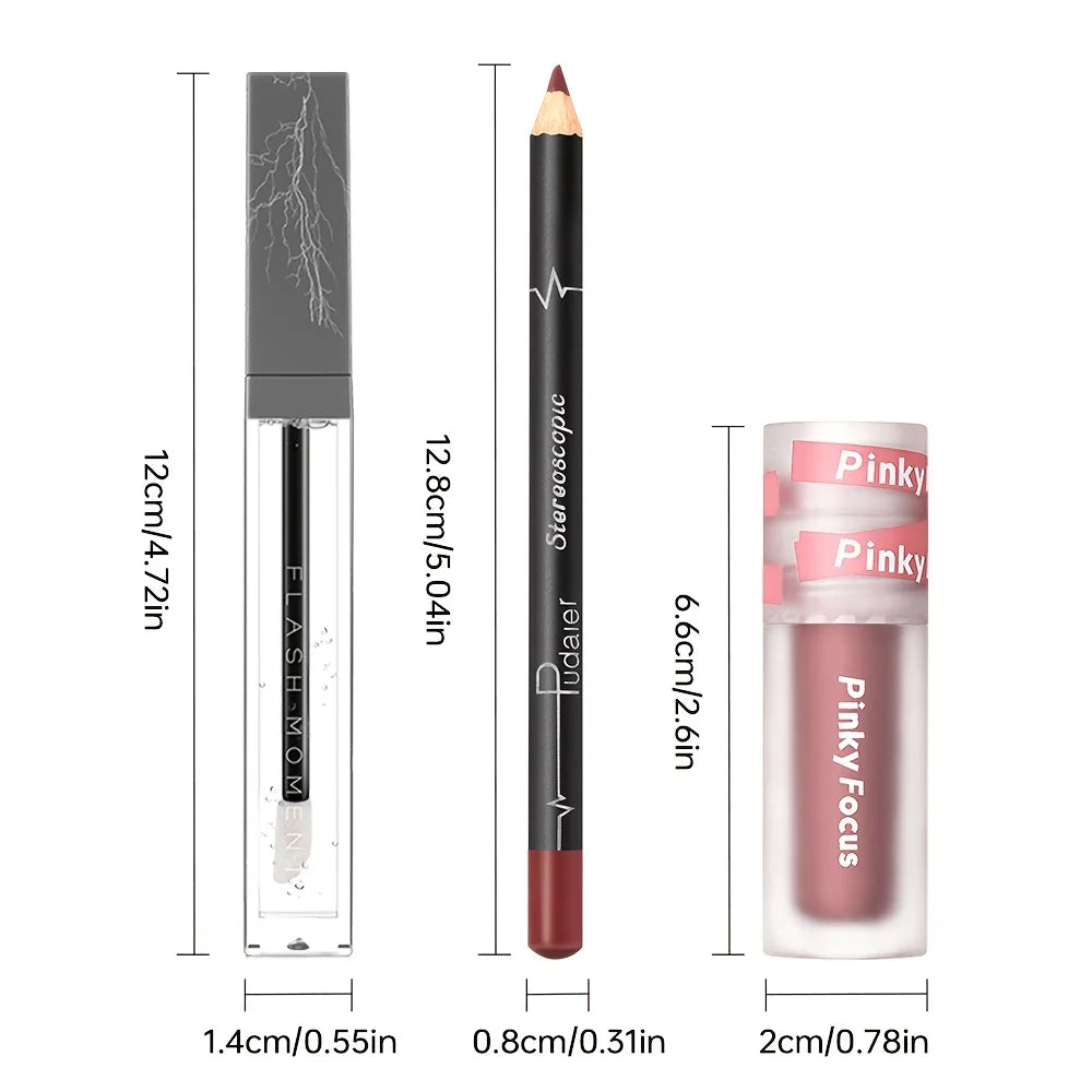 3 Pcs/Set Lip Makeup Set Lipliner Lip Oil Lipstick Moisturizing, Long-lasting Waterproof Lipstick Long-lasting Lip Combo