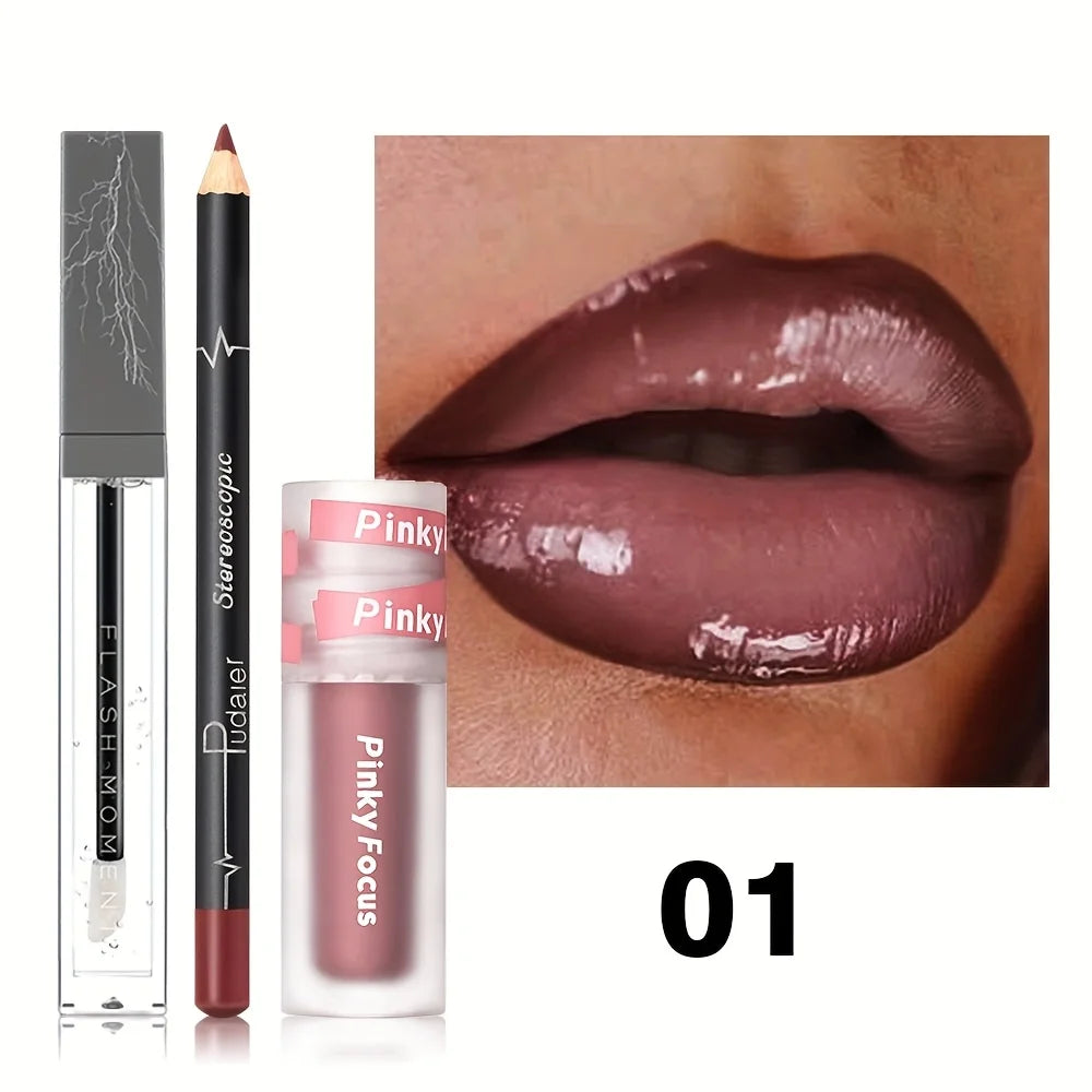 3 Pcs/Set Lip Makeup Set Lipliner Lip Oil Lipstick Moisturizing, Long-lasting Waterproof Lipstick Long-lasting Lip Combo