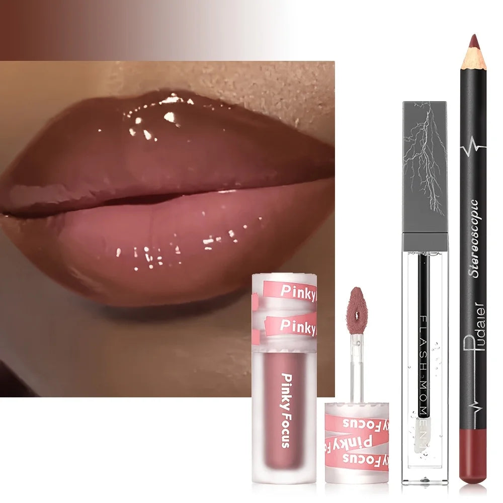 3 Pcs/Set Lip Makeup Set Lipliner Lip Oil Lipstick Moisturizing, Long-lasting Waterproof Lipstick Long-lasting Lip Combo