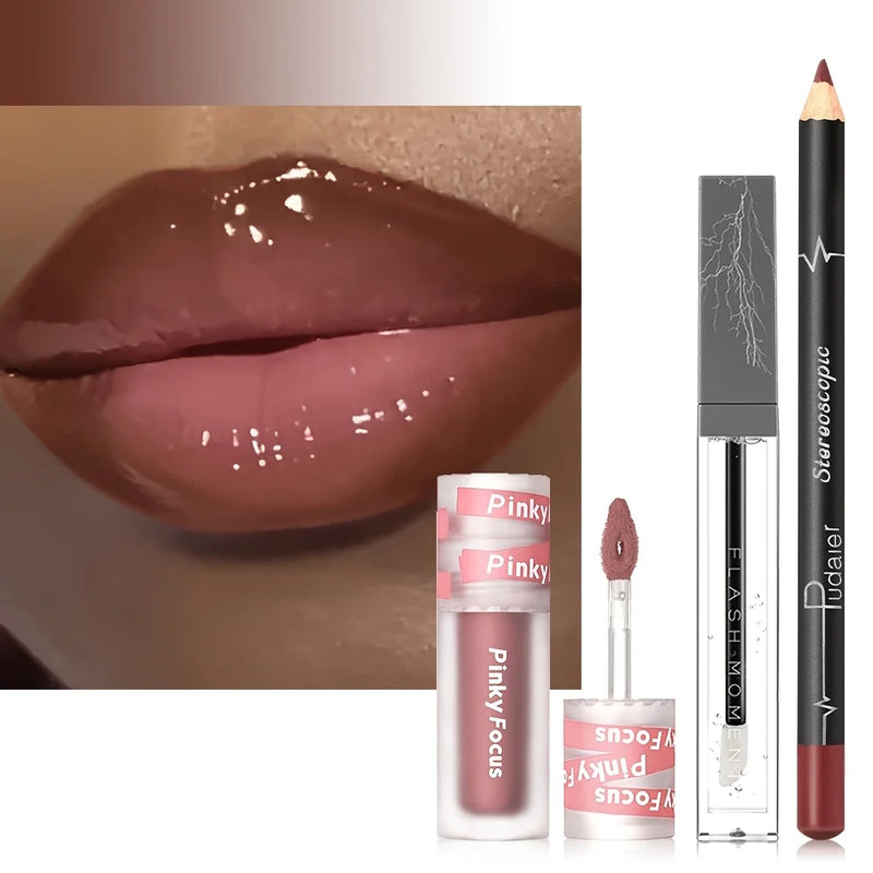 3 Pcs/Set Lip Makeup Set Lipliner Lip Oil Lipstick Moisturizing, Long-lasting Waterproof Lipstick Long-lasting Lip Combo